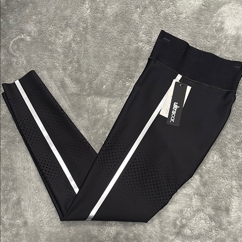 Black Ultracor Leggings with Silver Stripe, Laser cut details